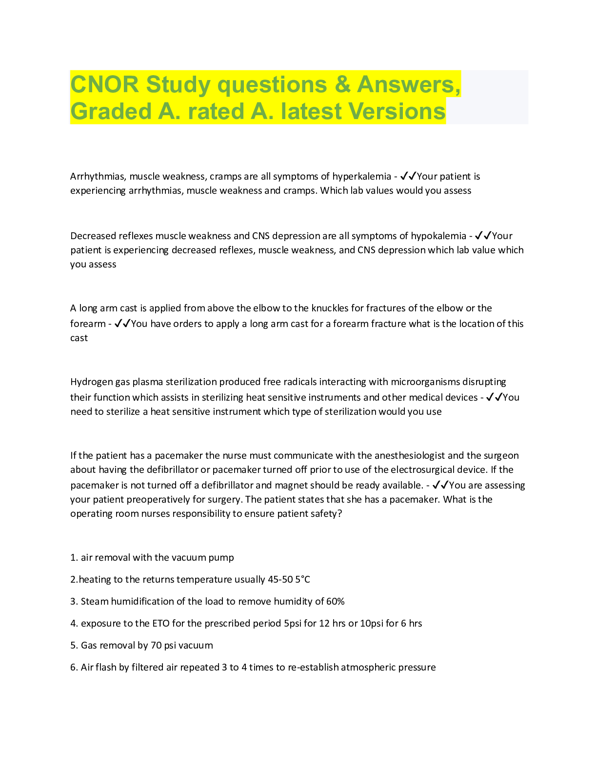 Preview image for CNOR Study questions & Answers,  Graded A. rated A. latest Versions